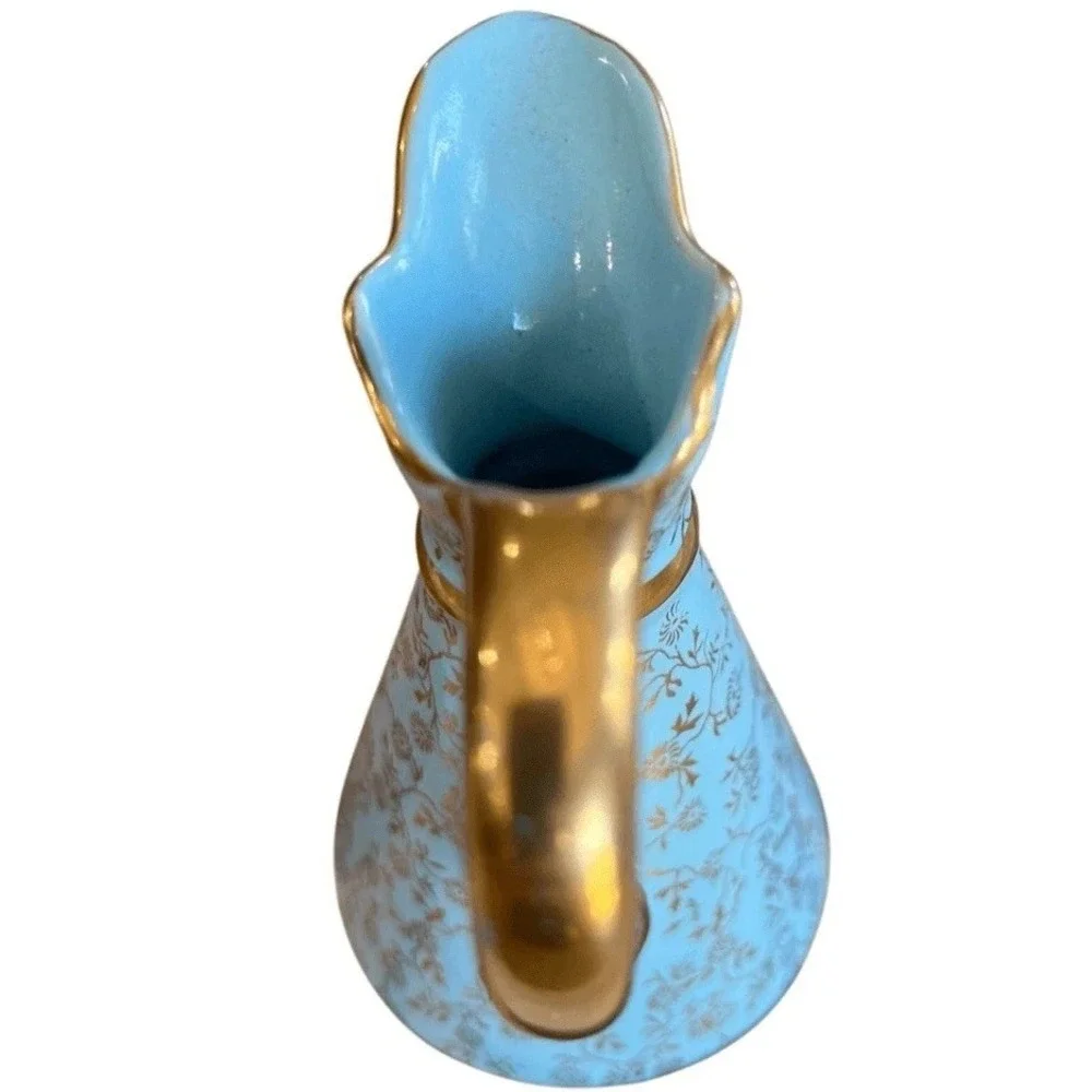 Vintage Pearl China Tiffany Blue Mini Pitcher Creamer Bud Vase 22KT Gold Cottage